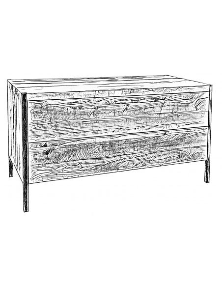 Čiernobiely nákres modernej komody v škandinávskom štýle s dvoma zásuvkami na štyroch nožičkách z kovu