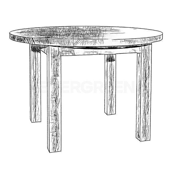 Nákres v čierno-bielej farbe kuchynského stola okrúhleho tvaru z masívneho dreva so štyromi nožkami