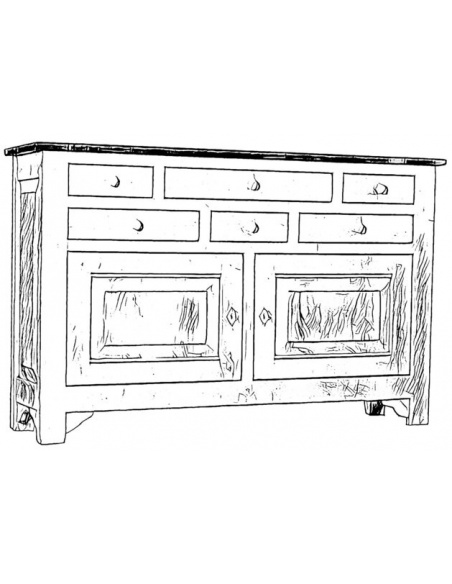 Skica drevenej robustnej komody v rustikálnom vzhľade ktorá má šesť zásuviek a dve dvierka