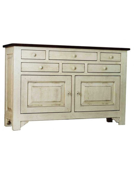 Robustná komoda v rustikálnom vzhľade so šiestimi zásuvkami v rôznych veľkostiach a dvoma dvierkami v krémovej farbe
