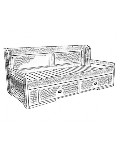 Čierno biely nákres rozkladacej postele z masívneho, dubového dreva bielej farby s dvomi zásuvkami