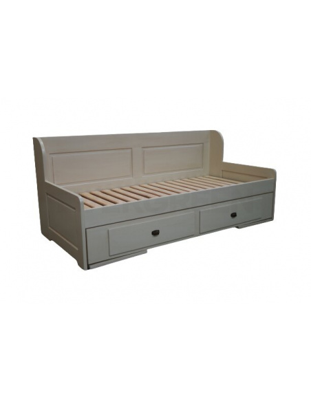 Biela, drevená, rozkladacia posteľ v zloženom stave z dubového dreva s úložným priestorom