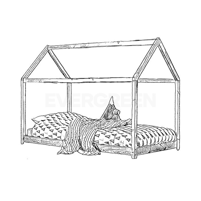 Čierno biely nákres detskej postele z masívu v tvare domčeka