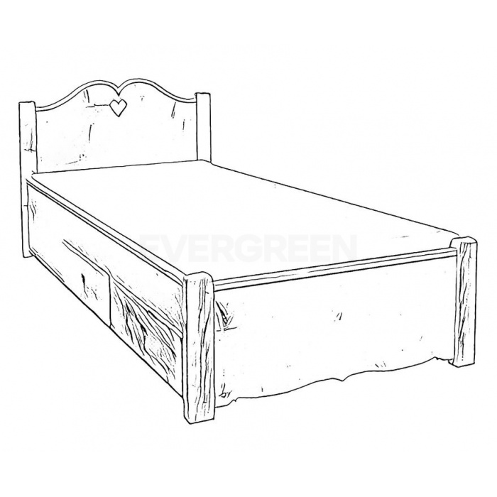 Čierny nákres rustikálnej, jednolôžkovej postele s úložným priestorom z masívneho dreva a výrezom v tvare srdca na čele postele