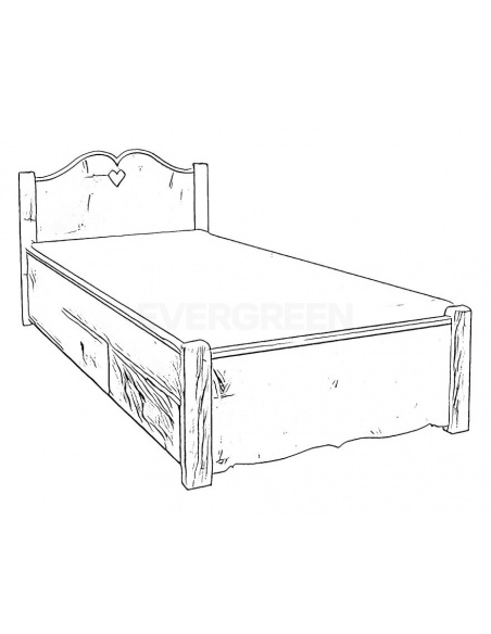 Čierny nákres rustikálnej, jednolôžkovej postele s úložným priestorom z masívneho dreva a výrezom v tvare srdca na čele postele