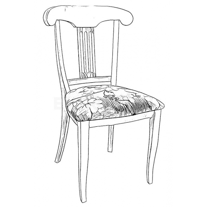 Čierno biely nákres provensálskej jedálenskej stoličky bielej farby a vzorovaným tapacírom