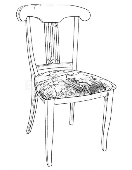 Čierno biely nákres provensálskej jedálenskej stoličky bielej farby a vzorovaným tapacírom