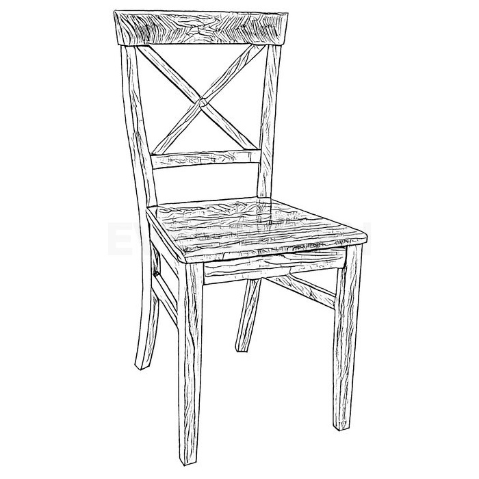 Čierno biely nákres jedálenskej stoličky v rustikálnom štýle z jelšového dreva
