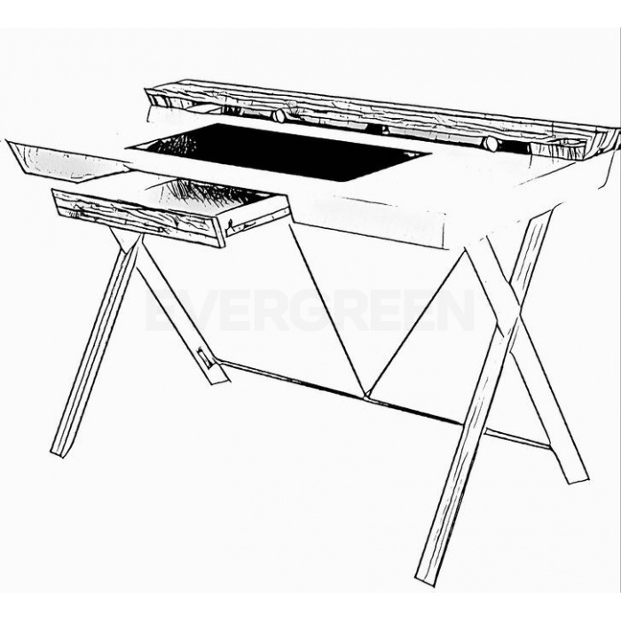 Nákres písacieho stolu z masívu so zásuvkou v strede písacej dosky a vyvýšenou plochou nad písacou doskou v čierno bielej farbe