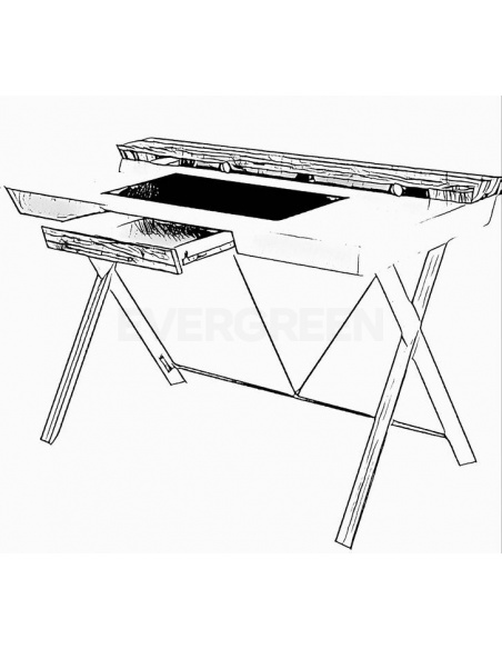 Nákres písacieho stolu z masívu so zásuvkou v strede písacej dosky a vyvýšenou plochou nad písacou doskou v čierno bielej farbe