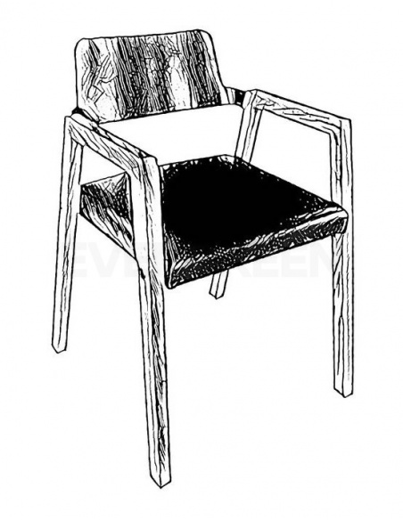 Čierno biely nákres jedálenskej stoličky z masívneho dreva v kombinácii s kovom a kožou