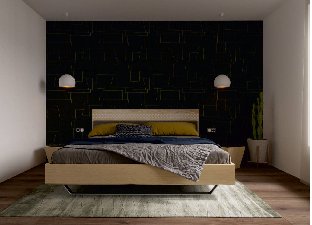 Moderná spálňa v minimalistickom duchu, ktorej ústredným elementom je manželská posteľ z masívu doplnená o štýlové posteľné obliečky a dva nočné stolíky asymetrického tvaru. Po bokoch postele visia zo stropu dve okrúhle svietidlá