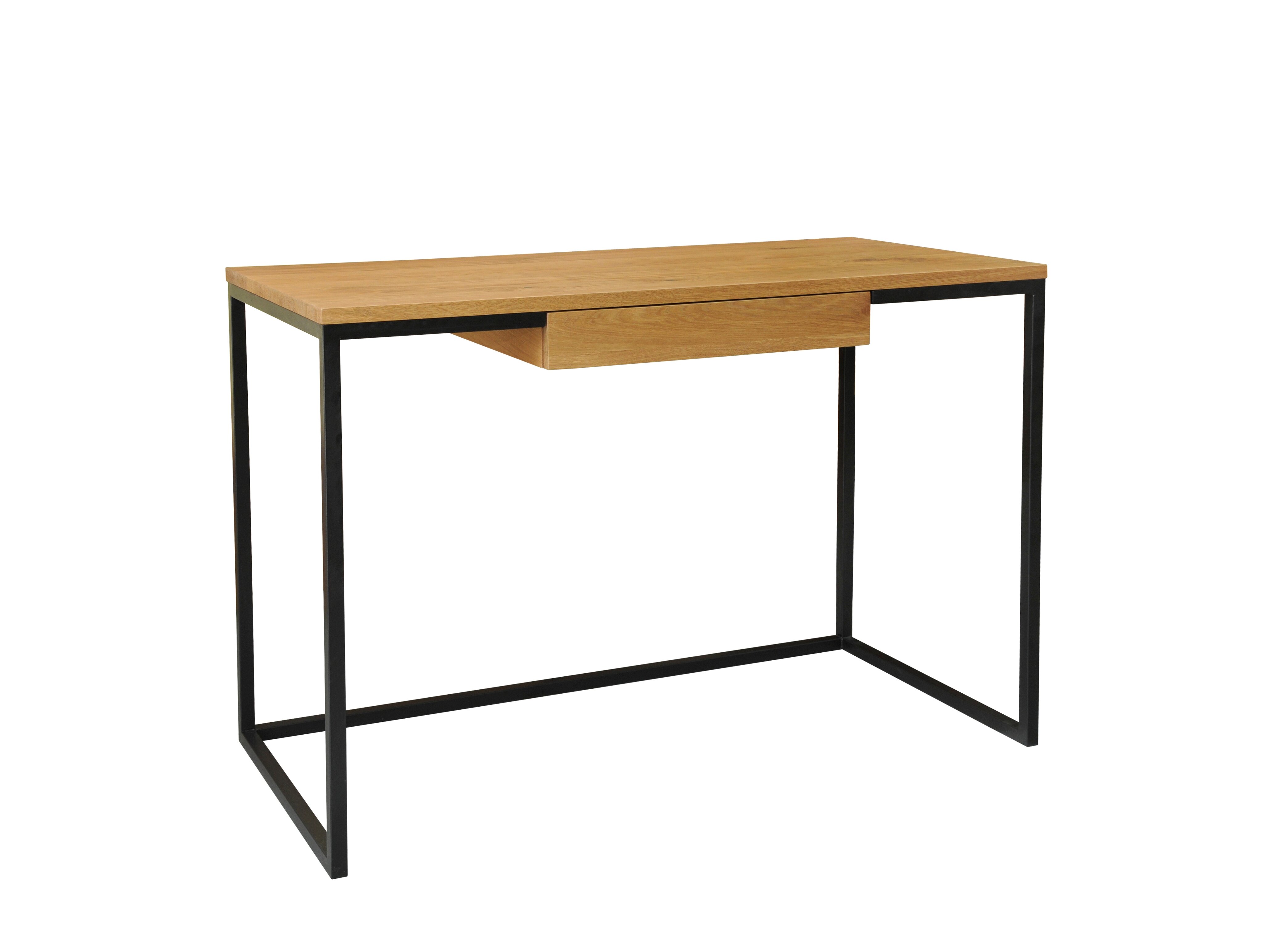 Kancelársky stôl zo svetlého masívneho dreva s čiernymi kovovými nožkami s malým úložným priestorom