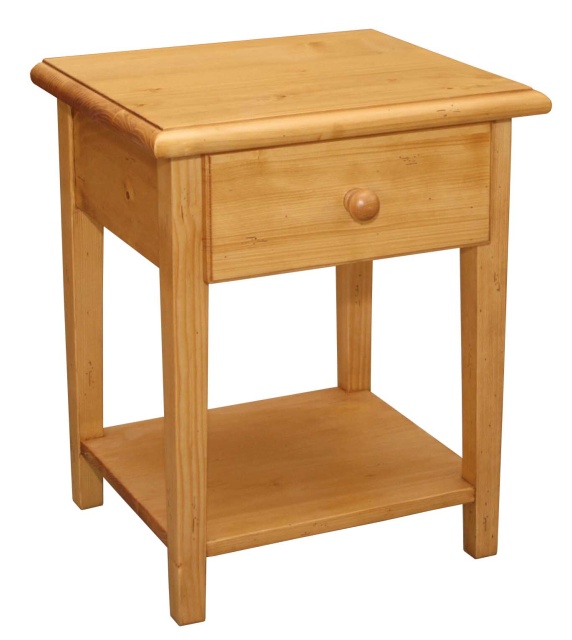 Drevený nočný stolík svetlej farby so šuflíkom a drevenou úchytkou na otváranie