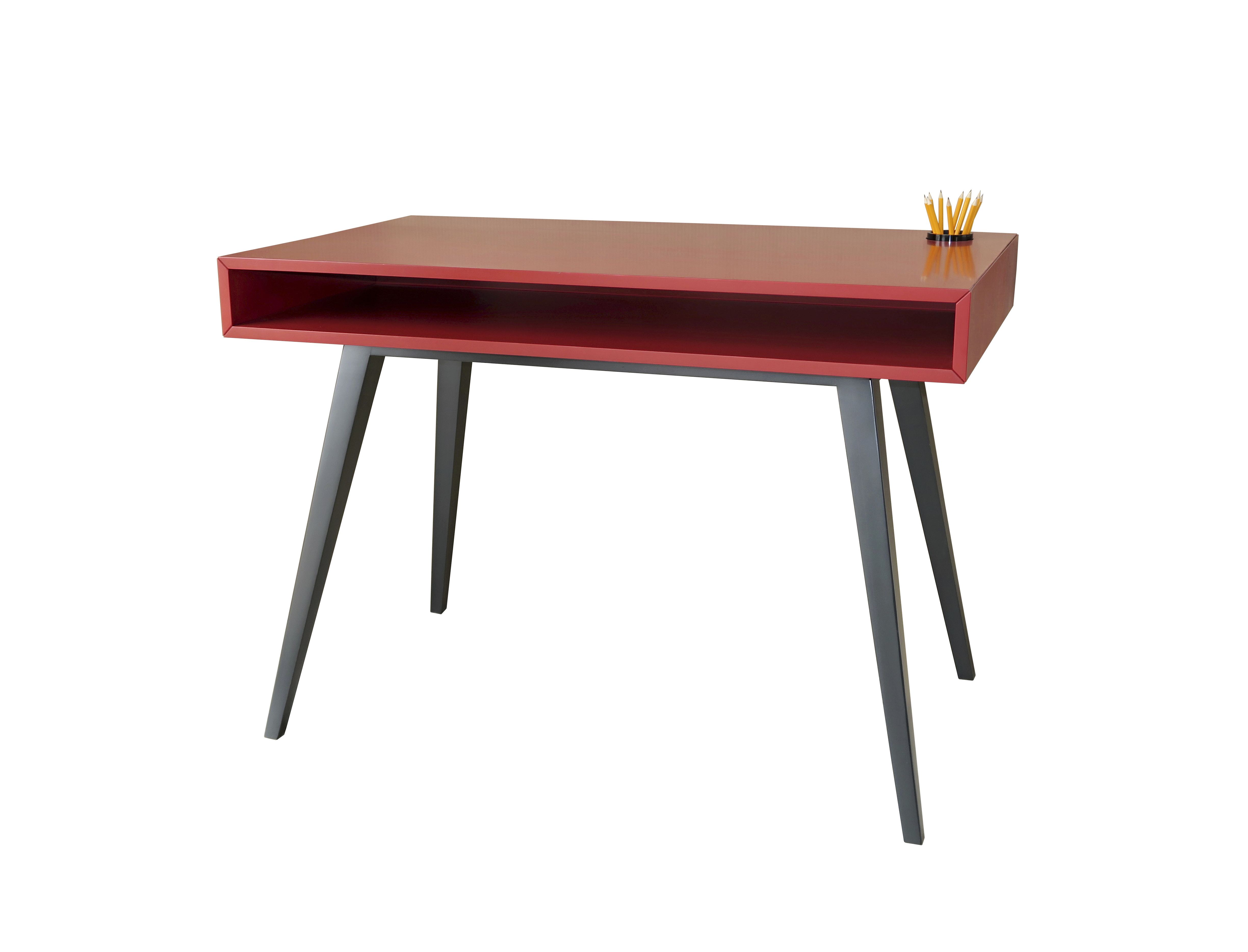 Červený písací stôl s kovovými nožičkami a úložným priestorom